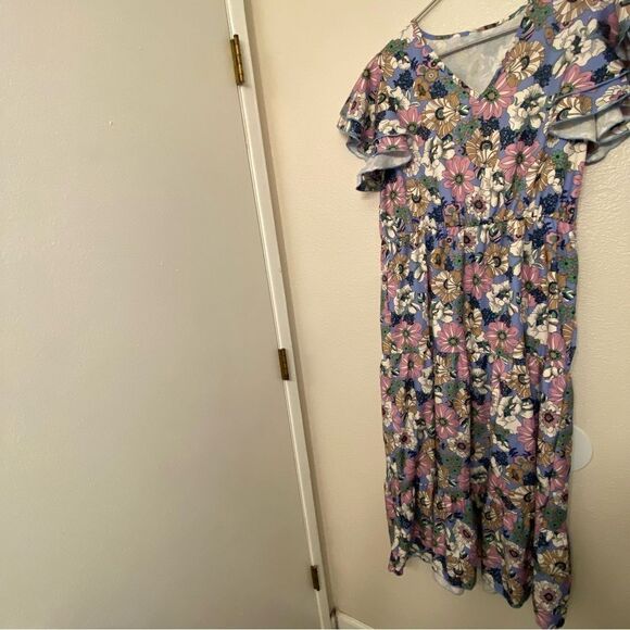 Floral print boho tiered v neck ruffle flutter sleeve purple Maxi summer Dress L - Picture 10 of 10